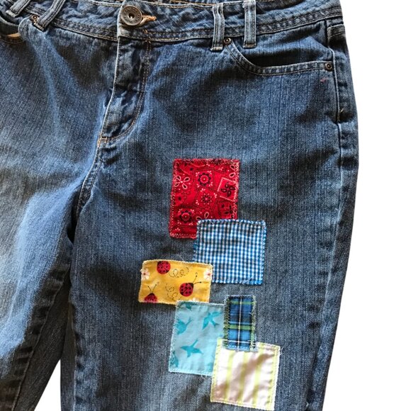 Upcycled Patchwork Capris Jeans: Handmade Summer Picnic Theme Patches, Size 14 - Picture 4 of 10